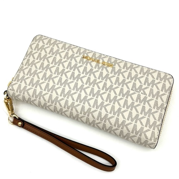 Michael Kors Large Continental Wallet Wristlet Vanilla/Brown - Picture 1 of 10